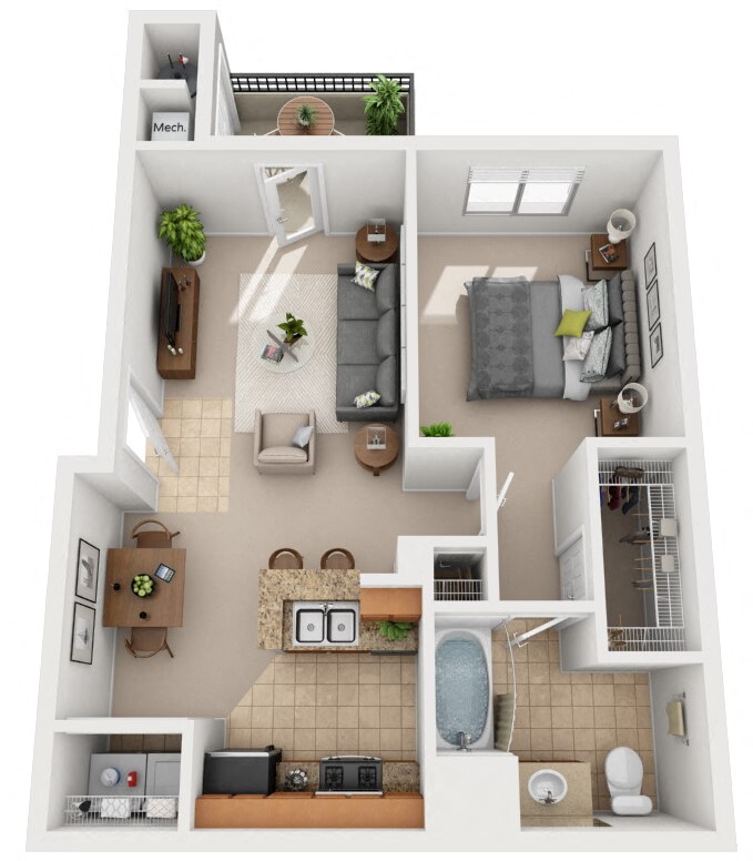 Floor plan for 1 bed, 1 bath, 755 sqft